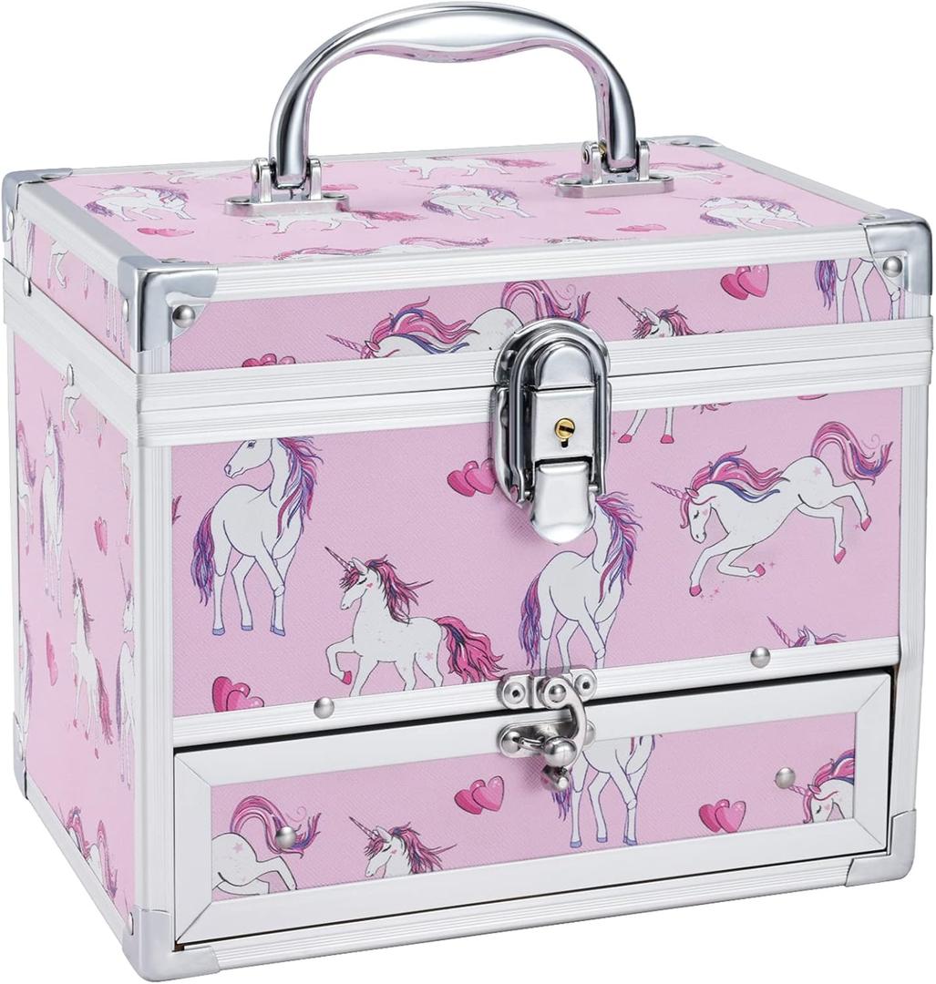 Hododou Jewelry Box for Girls Unicorn Jewelry Organizer with Drawer & Mirror, Unicorn Style Lockable Storage Case for Kid or Little Girls Jewelry and Hair Accessories