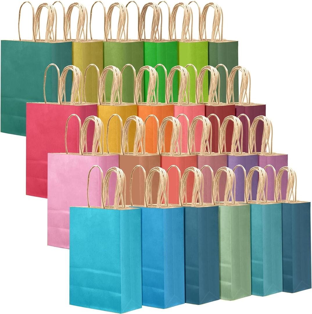 Qiqee 24Pcs Medium Gift Paper Bag with Handles Bulk - 10.6"x8.3"x4.3" Rainbow Party Bags - Mulit Color