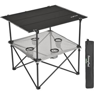 SUNNYFEEL Folding Camping Table- Collapsible Portable Beach Table with 4 Cup Holders & Carry Bags, Tailgate Table for Outdoor Excursion Picnic Hiking Fishing Travel Parties, Black
