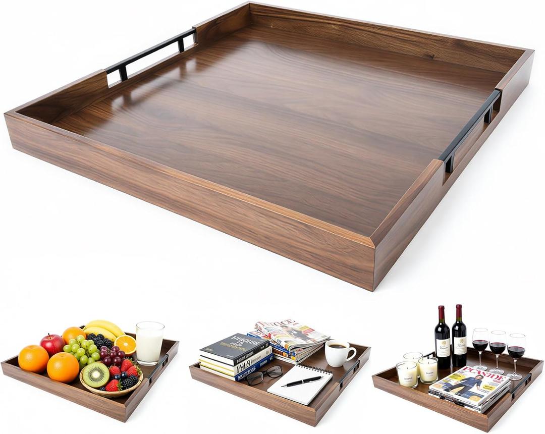 20 Inch Large Square Ottoman Tray, Premium Acacia Wooden Serving Tray with Metal Handles, Large Decorative Tray for Living Room, Ottoman, Coffee Table, Charcuterie Trays Use for Kitchen