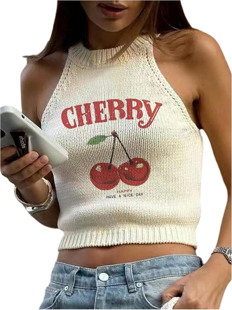WDIRARA Women's Cherry Letter Print Crop Sweater Knit Tank Tops Crew Neck Sleeveless Pullovers (XS)