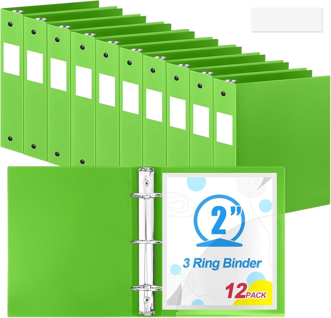 Henoyso 12 Pcs 2 Inch 3 Ring Plastic Binder 8.5'' x 11'' Letter Size Paper Soft Plastic Flexible Binders Bulk Organizer for School Office Supplies, Large 490 Sheet Capacity (Tender Green)