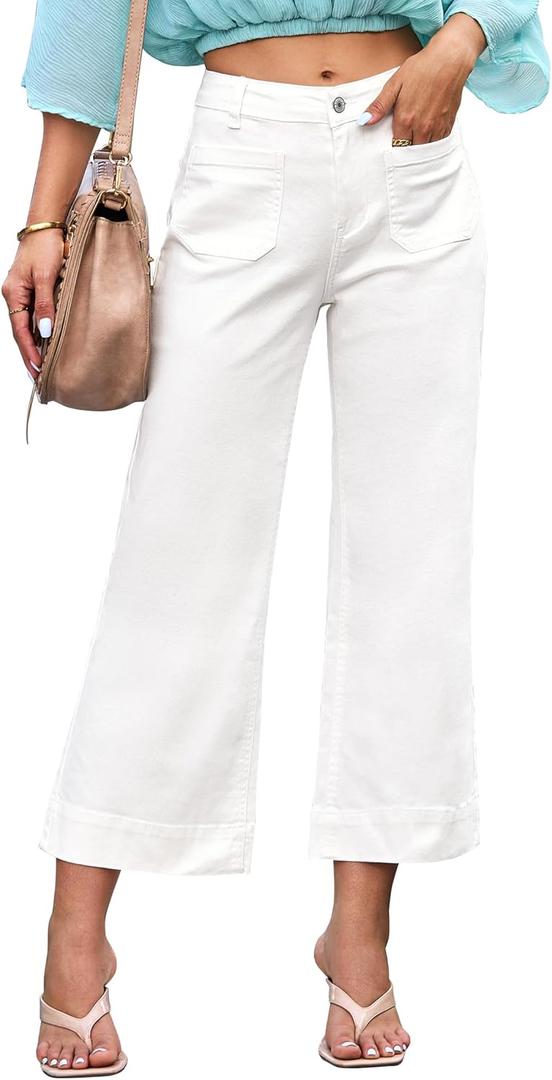 Luvamia Wide Leg Jeans for Women Trendy High Waisted Flare Jeans Cropped Denim Pants Stretchy Baggy with Patch Pockets (White, S)