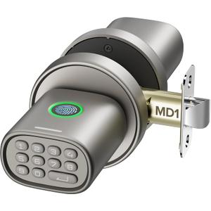 Keyless Entry Door Lock, Fingerprint Door Lock with Keypad Biometric Door Knob, Auto-Lock for Interior Doors Thickness up to 2-1/4", Bedroom, Home Office, Garage, 4xAA Alkaline, MD1 Titanium