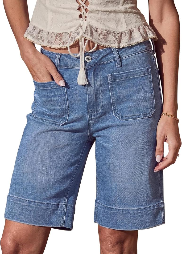 luvamia Bermuda Shorts for Women High Waisted Trendy Patch Pocket Casual Vintage Long Stretchy Denim Shorts Summer Jorts, L
