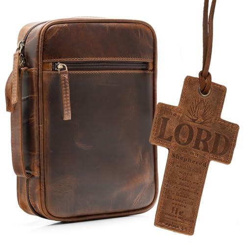 ELIZO Leather Bible Cover for Men Bible Case Women Holder Carrying Organizer Wrap Sleeve Protector Christian Religious Gift Cross Bookmark – Small Antique Brown