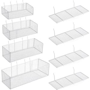 Hicarer Pack of 8 Pegboard Baskets and Peg Board Racks Set, Pegboard Hooks, Square Style Wire Shelf Baskets, for Organize Tools, Workbench, Accessories, Garage Storage, Wall Organizer Attachments (White)