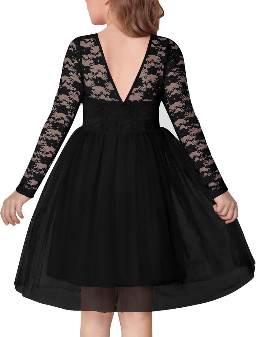 Arshiner Flower Girl Dress V Back Lace Long Sleeve Tulle Special Occasion Wedding Party Dresses (5-6 Years, Black)