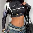 SweatyRocks Women's Racing Shirts Y2k Long Sleeve Half Zip Letter Graphic Crop Tops Black and Grey Large