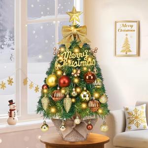 2ft Pre-Lit Tabletop Christmas Tree Christmas Decorations, Gold Xmas Christmas Tree with LED Lights for Indoor Outdoor Holiday Party Supplies