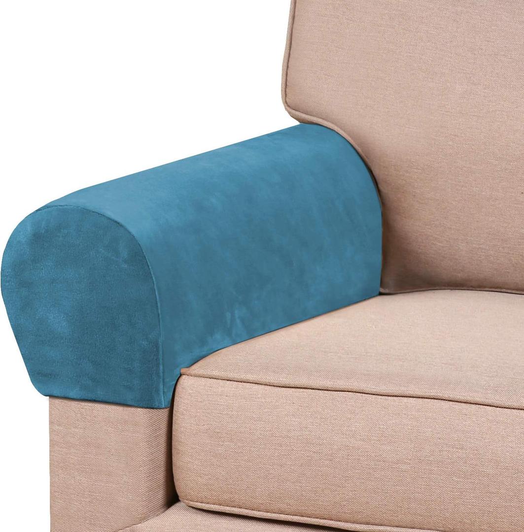 PrinceDeco 4 Pack Thick Velvet Stretch Armrest Covers for Chairs and Sofas - Non Slip, Blue