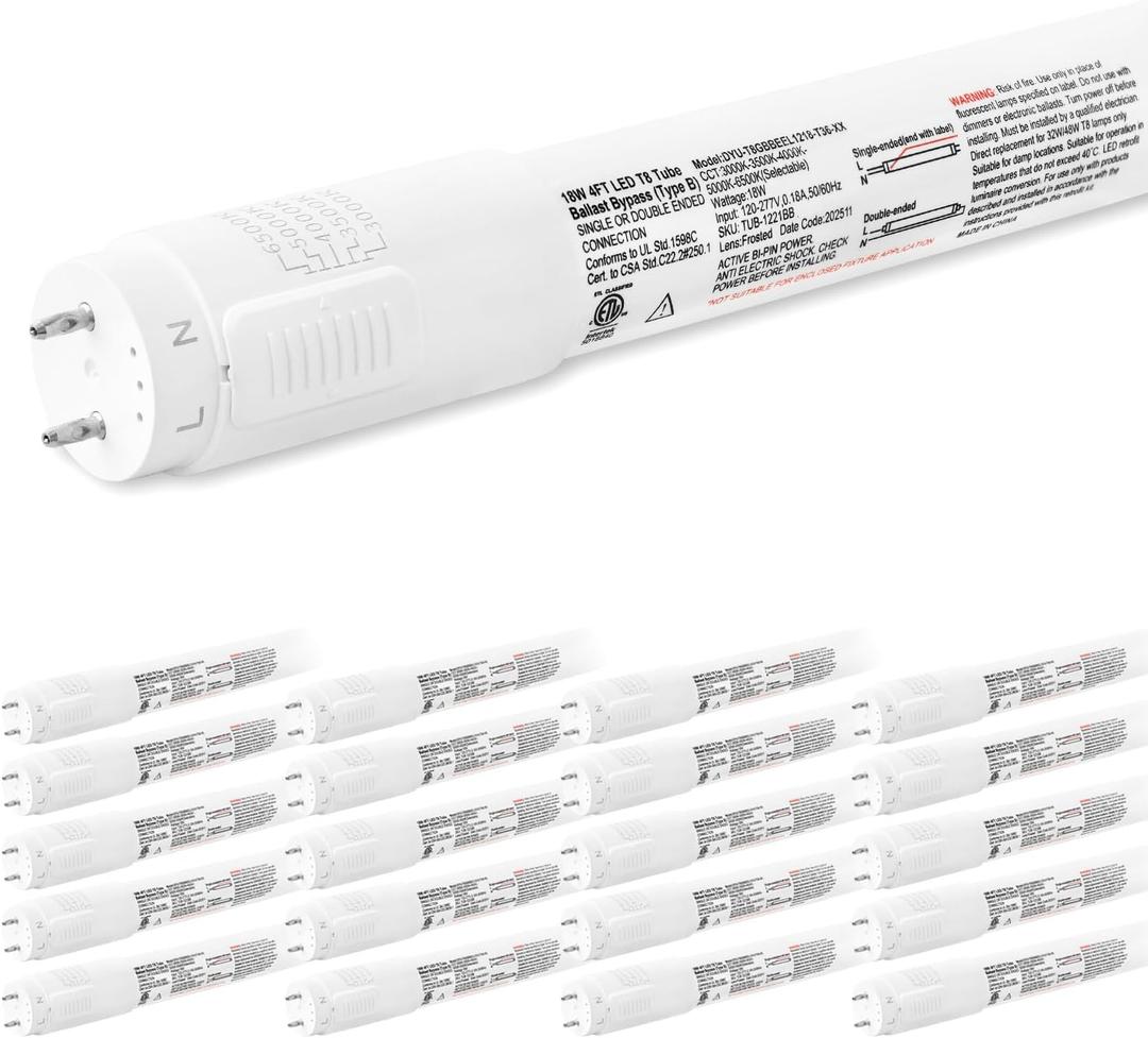 hykolity 20 Pack 5CCT 4FT LED T8 Ballast Bypass Type B Light Tube, 18W, 3000K/3500K/4000K/5000K /6500K Selectable, Single or Double End Powered, 2400lm, T8 T10 T12 Tube Light, 120-277V, UL, FCC