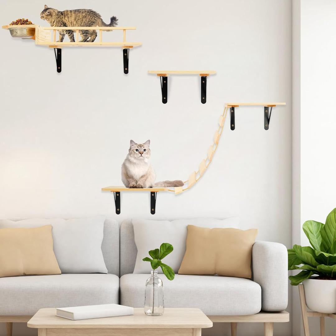 TIMIEEYA Cat Wall Shelves - Set of 5 Cat Wall Furniture, Cat Shelves and Perches for Wall, Indoor Cat Climbing Shelf with 2 Cat Food Bowls, 1 Bridge Ladder & 3 Cat Wall Steps