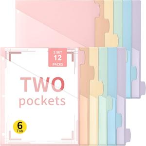 Epakh 12 Pcs Binder Dividers for 3 Rings Binders Index Dividers with Two Clear Pockets Plastics Sheets Protectors with Tab Labels for School Office Organization (Macaron)