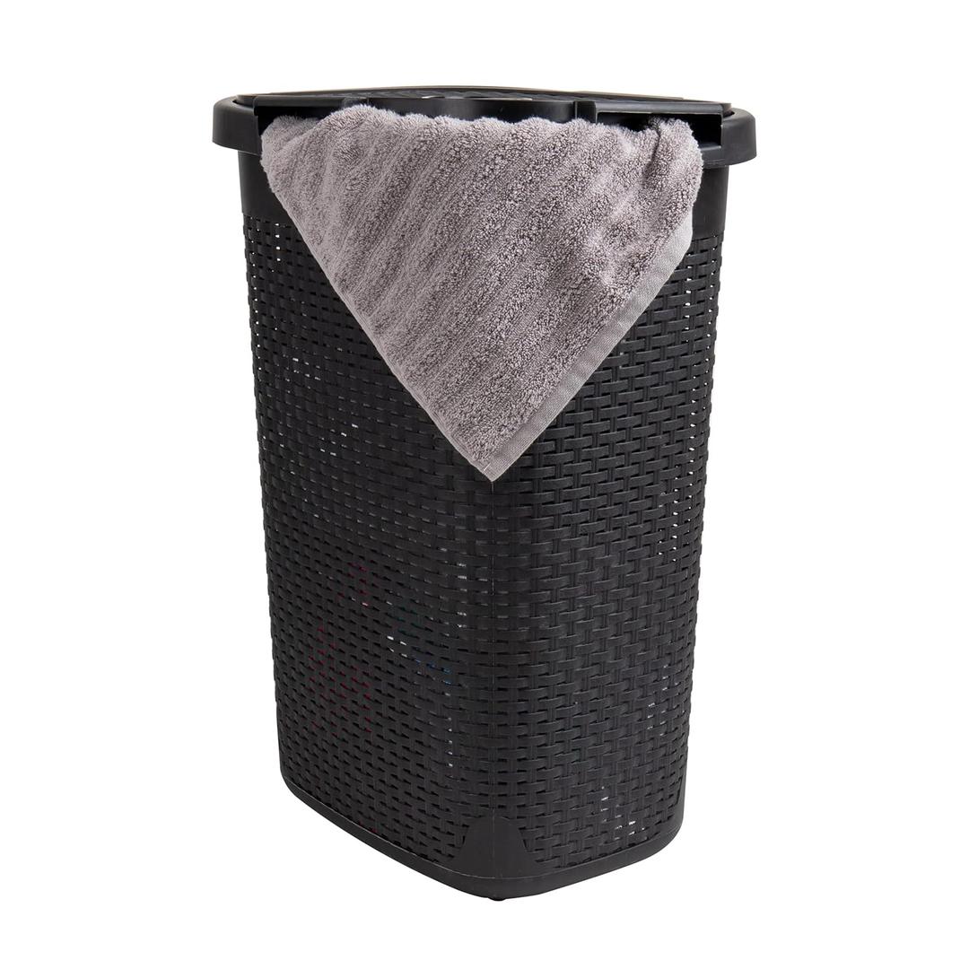 Mind Reader 60L Slim Laundry Hamper, Clothes Basket, Lid, Wicker Design, Plastic, 17.65"L x 13.75"W x 24.15"H, Black Mind Reader 60L Slim Laundry Hamper, Clothes Basket, Lid, Wicker Design, Plastic, 17.65"L x 13.75"W x 24.15"H, Black