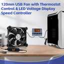 WHTech 120mm USB Fan with Temperature Controller & LED Voltage Display Speed Controller, 5V DC 120mm x 25mm, for Receiver DVR PlayStation Xbox Computer Cabinet Cooling