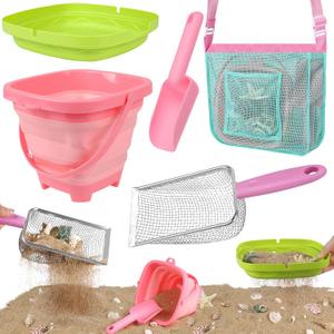 FHOZGECY Beach Toys, Sand Toys with Collapsible Bucket, Sand Sifter, Beach Mesh Shovel, Shark Tooth Sifter and Mesh Bag for Shell Collecting, Sand Dipper Beach Scoop Toys for Kids Boys and Girls