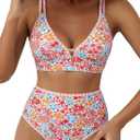 Herseas Women's 2 Piece Floral Print Bikini Sets V Neck Stitch Swimsuits High Waisted Bathing Suit Beach Summer Swimwear (L)