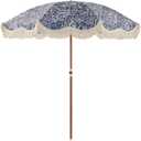 6FT Fringe Beach Umbrella for Sand, Boho Coastal Patio Umbrella with Tassels, UPF 50+ Sun Protection, Tilt, Carry Bag for Beach Vacation & Pool, Reef Indigo