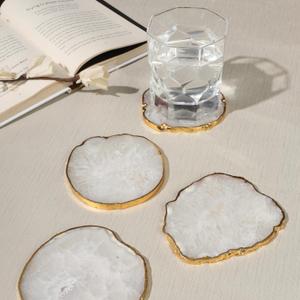 White Agate Stone Crystal Coasters with Gold Edge - Set of 4 White Agate Coasters 3.5 to 4 inch Salted Agate Coaster Natural Sliced White Agate Coasters for Drinks Home decore - Gifting Item