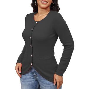 Fall Cardigan Sweaters for Women Button Down Long Sleeve Open Front Ribbed Trim Elegant Winter Knit Fitted Outwear (Black, L)