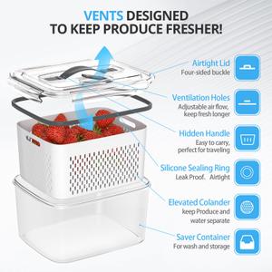 Pack of 2 Fruit Storage Containers for Fridge - Berry Containers with Vent and Handle Lids, Fruit Containers for Fridge with Colander, lettuce keeper for Refrigerator Organizers and Storage