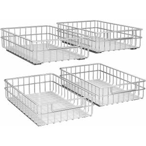 Pull out Cabinet Organizer, Stainless Steel 4-Pack (11.8"W x 21"D) Full-Extension Slide out Drawer, Adhesive Roll out Can Spice Storage Basket Shelf Rack for Pantry, Kitchen, Bathroom, Home Closet
