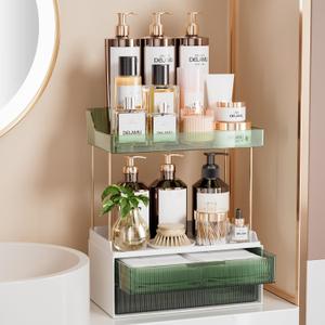 Delamu Bathroom Organizers and Storage, 2-Tier 2-Drawer Makeup Organizer Countertop, Easy to Install, Ideal for Bathroom Storage, Vanity, Large Skincare, Perfume, Present, and More, Green (1 Pack)