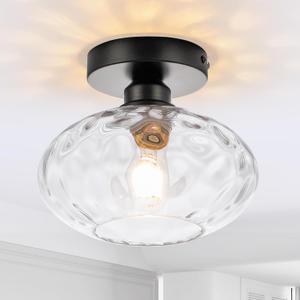 WILON Industrial Semi Flush Mount Ceiling Light - 8.66" Hammered Clear Glass Light Ceiling Fixture Black Bathroom Light Fixtures Ceiling Mount for Hallway Porch Kitchen Bathroom Bedroom (E26 Base)