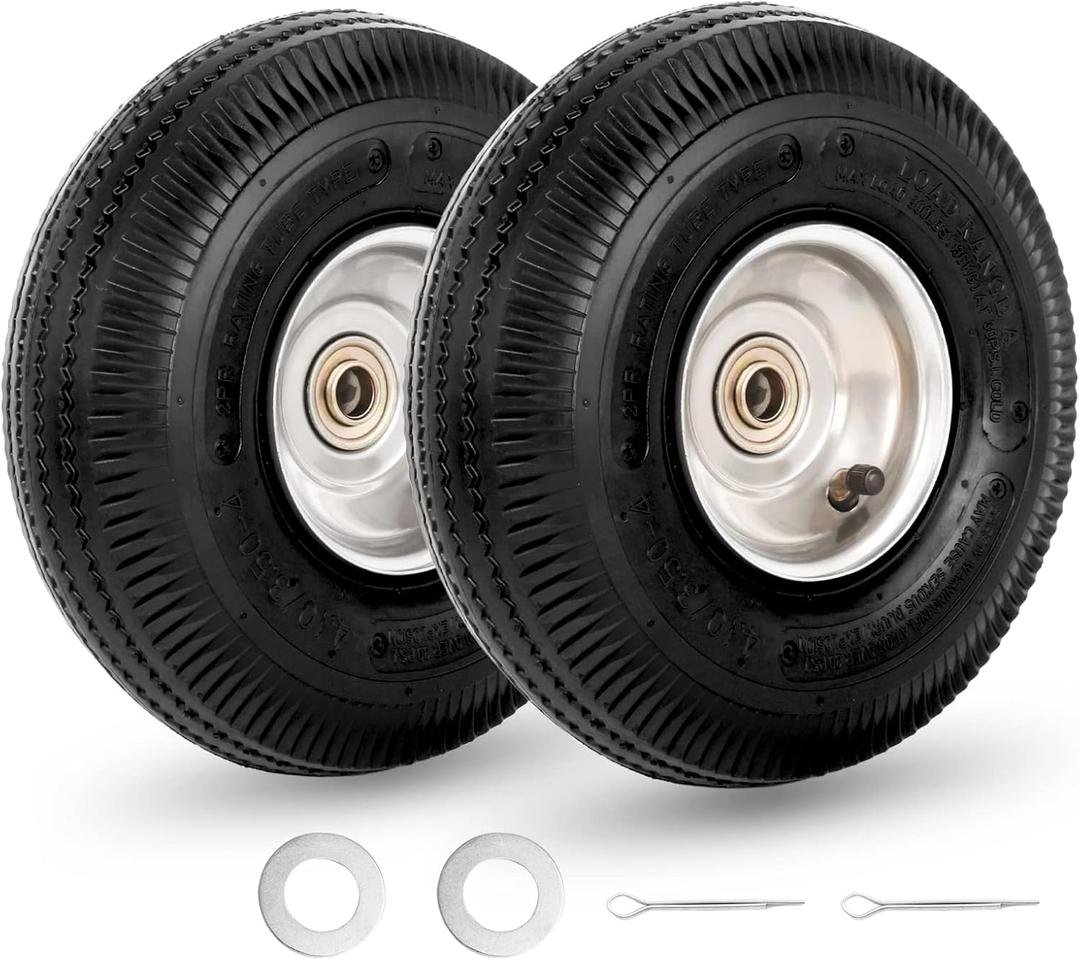 GICOOL 10" Tire and Wheel, 2 Pack, 4.10/3.50-4 Pneumatic Tire, with 2.25" Offset Hub, 5/8" Axle Bore Hole, Sealed Bearings for Hand Truck Trolley Dolly Garden Wagon Wheel Replacement (Silver)