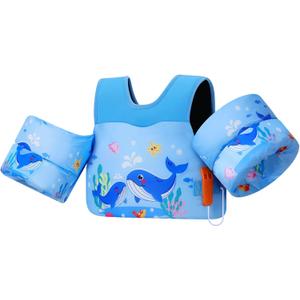 MoKo Toddler Swim Vest for Kids 13-30/20-50/22-66lbs, Swim Arm Floaties Cartoon Swimming Water Wings Pool Float Vests Sleeves Shoulder Straps Arm Band for Children Learn to Swim (Blue Squirting Whale)