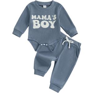 Newborn Baby Boy Clothes Mamas Boy Letters Embroidered Waffle Baby Sweatshirt Romper + Pants Sets Fall Winter Outfits (6-12 Months, Blue)