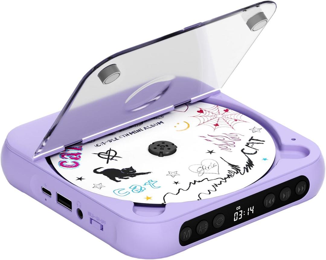ENVYCLOUD CD Player Portable with Dual Stereo Speakers, Rechargeable Portable CD Player with Bluetooth for Home with Headphones, Support CD/AUX/USB, Purple