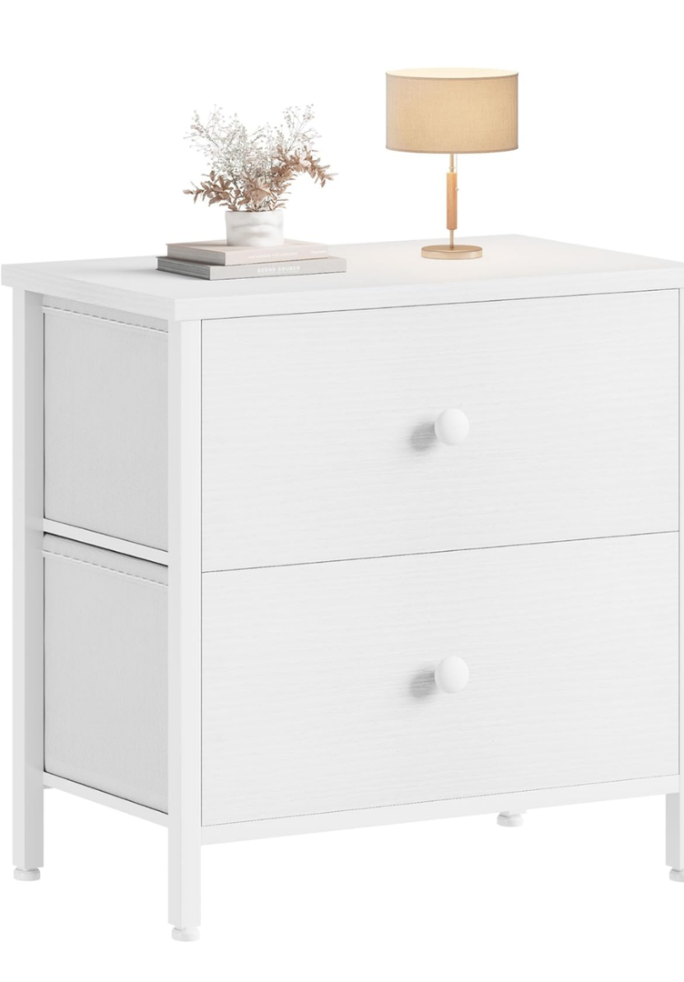 BOLUO White Nightstand 2 Drawer for Bedroom,Small Night Stand with Fabric Drawers End Table Modern
