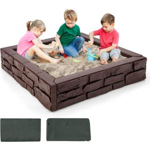 Costzon Kids Sandbox with Cover, 47"x 47" HDPE Sand Box w/Oxford Cover, Bottom Liner, Reinforced Structure, Weather Resistant Outdoor Sand Pit for Backyard Lawn Garden Beach (Brown)