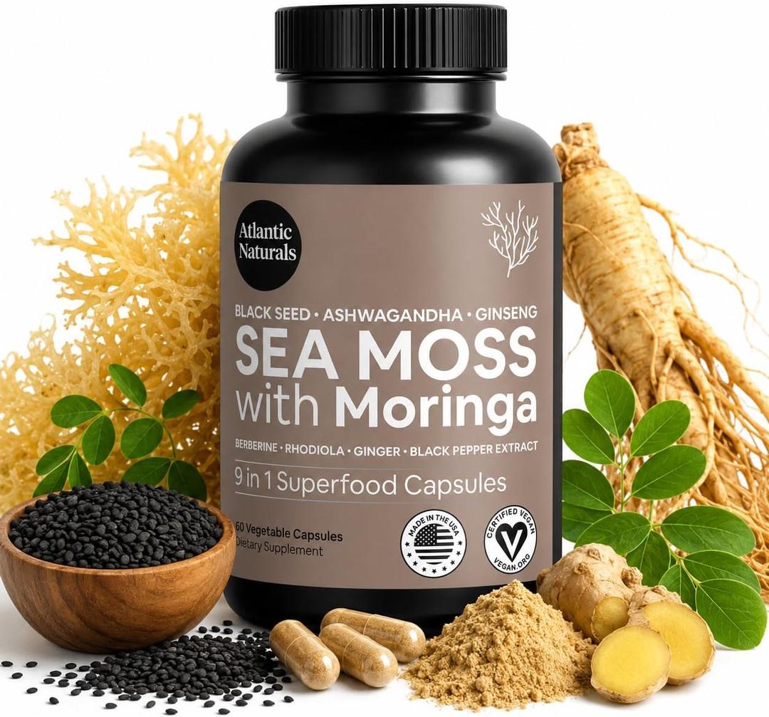 Sea Moss Capsules – Irish Sea Moss with Black Seed Oil, Ashwagandha, Moringa, Ginseng & Ginger for Energy, Vitality & Wellness – Seamoss Nutritional Supplement – Made in USA – 60 Capsules, Best By 11/2028