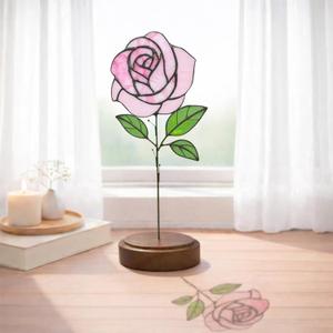 Stained Glass Flowers, Stained Glass Rose with Wood Base,Suncather Decor Mother's Day Birthday Gifts for Women, Home Party Tabletop Decorations