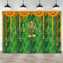 7x5ft(2.1mx1.5m) Pooja Backdrop Decoration Cloth Items Indian Ganpati Puja Traditional Chatiya Ganesh Mehndi Photography Background Festival Wedding Party Marigold Garlands Photo Booth Props Banner