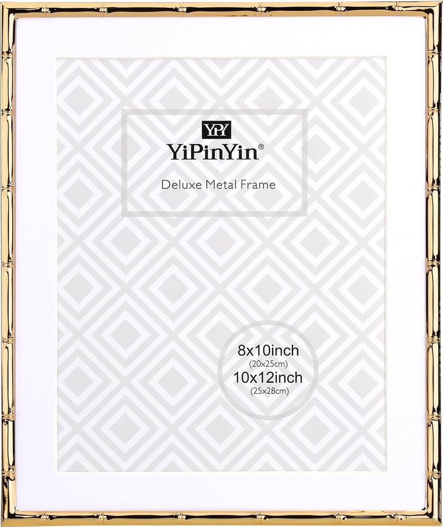 YiPinYin 10x12'' Gold Metal Bamboo Detail Picture Frame with Acid Free Mat for 8x10'', Elegant Narrow 8x10'' Gold Plated Photo Frames With Velvet Backing for Desktop and Wall Décor
