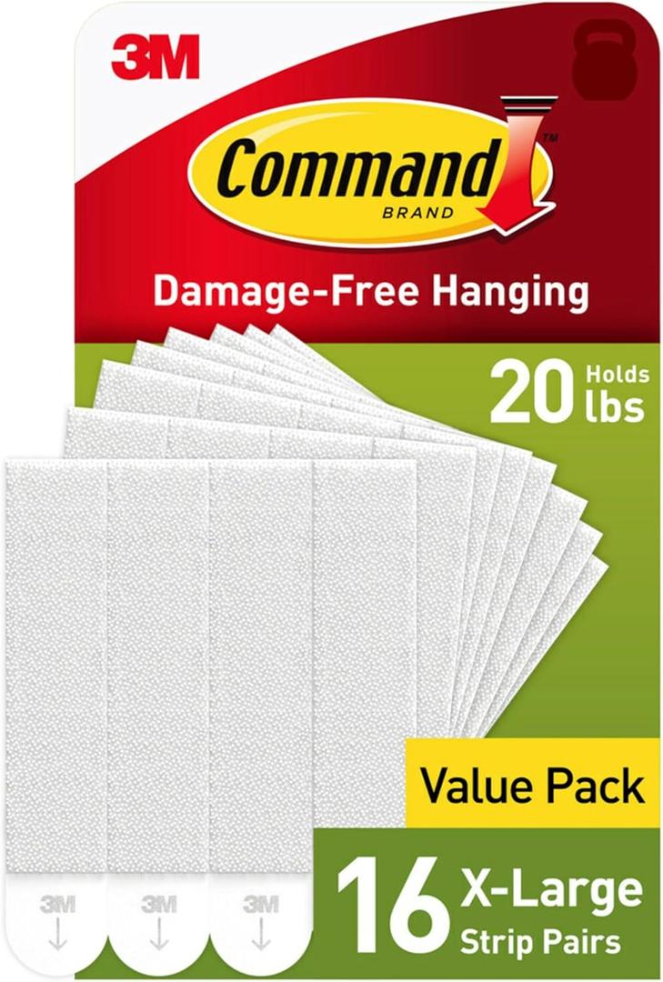 Command 20 lb XL 16 Pairs Heavyweight Picture Hanging Strips (32 Strips), Damage-Free Hangers for Picture Frames, No Tools Required, Ideal for Home Room Wall Decor, White Adhesive