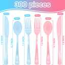 300 PCS Pink and Blue Silverware Heavy Duty 150 Pink Plastic Silverware and 150 Blue Plastic Cutlery Sets- 100 Forks 100 Knives 100 Spoons for Birthday, Baby Shower, Gender Reveal