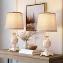 21'' Small Table Lamps Set of 2 Farmhouse Bedside Lamps for Bedroom Nightstand Vintage Carved Floral Side Table Lamps for Living Room Kids Home Office, Wooden Finish, Bulb Not Include