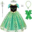 Acecharming Girls Anna Princess Dress, Cosplay Dress Up for Girls Anna Costume Dress Halloween Fancy Birthday Party Dress (5-6 Years, Green+accessories)