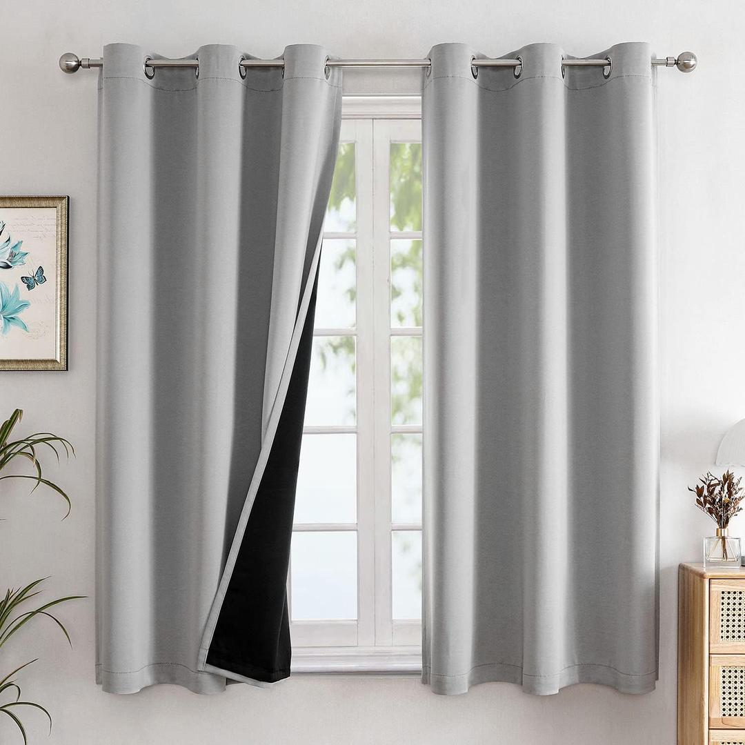 ChrisDowa 100% Blackout Curtains for Bedroom with Black Liner, 2 Thick Layers Total Blackout Thermal Insulated Grommet Window Curtains 63 Inch Length 2 Panels Set (Light Grey, 42 x 63 Inch) (42"W x 63"L (Pack of 2))