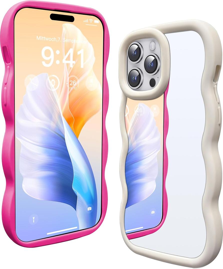 2 Pack Mirror Case for iPhone 14 Pro Max, with Curly Wave Frame Phone Cover Shockproof Protective Cover for iPhone 14 Pro Max Women Girl Makeup, Hot Pink