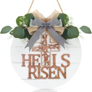 TOARTi He is Risen Easter Front Door Sign Wreath (11.4"x11.4"), Rustic Christian Cross Wall Sign Hanging Plaque, Farmhouse Religious Home Wooden Door Decoration for Housewarming Easter Gift