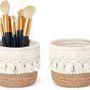 Mkono Macrame Makeup Brush Holder Organizer Comb Brushes Mini Storage Basket Set of 2 Boho Decor Baskets for Pen Pencil Box Container,Yellow and White (Brown)