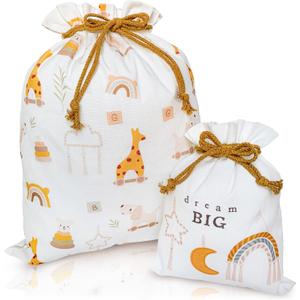 Gather & Knot Drawstring Gift Bags | 20" Large 12" Small | Premium Canvas | Reusable Fabric Wrap for Baby Shower, Neutral Gender Reveal, Kid Birthday | Boho Toy (Lrg 2pc Set)