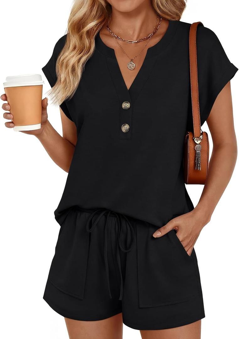 LILLUSORY Womens Henley 2 Piece Short Sets Summer 2026 Lounge Spring Beach Airport Travel Vacation Outfits Matching Sweatsuit M