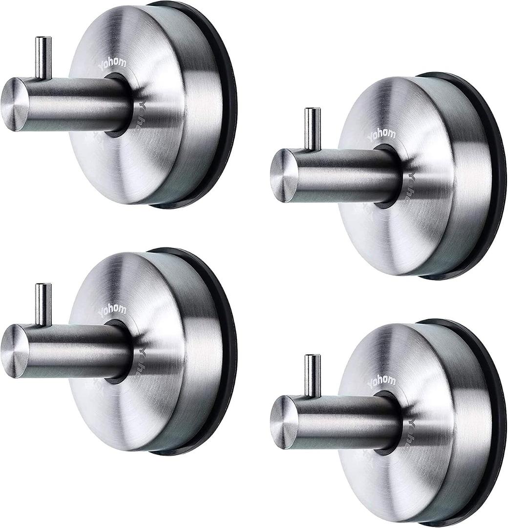 YOHOM Vacuum Suction Cup Hooks Shower Towel Holder Bathroom Shower Hook Brushed Stainless Steel Suction Towel Rack Kitchen Storage Organizer for Bathrobe Loofah Washcloth 4Pcs